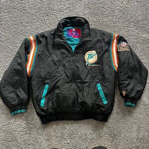 VTG 90s Miami Dolphins Pro Player Daniel Young Puffer Jacket Coat Black Size L